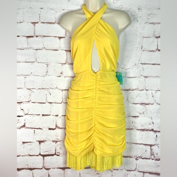 Forever 21 BELEARIC BEACH L Halter Ruched Fringe Trim Yellow Minidress Large - Picture 6 of 14